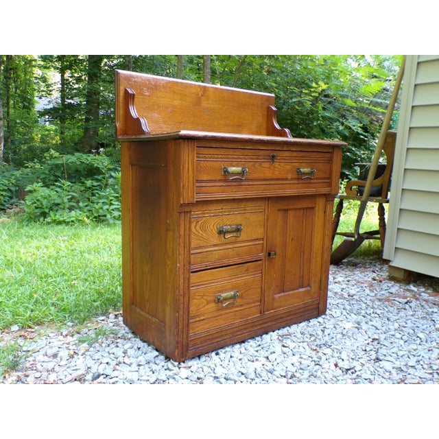 Farmhouse Antique Oak Chest Commode Washstand Dry Sink Country Farmhouse Cabinet Dresser For Sale - Image 3 of 15