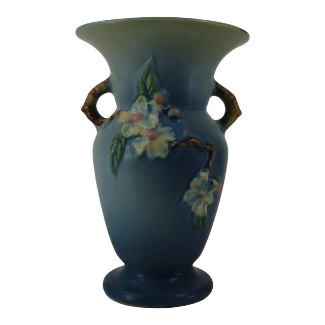 Early 20th Century Blue Roseville Pottery Apple Blossom Vase For Sale