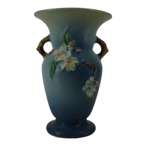 Early 20th Century Blue Roseville Pottery Apple Blossom Vase