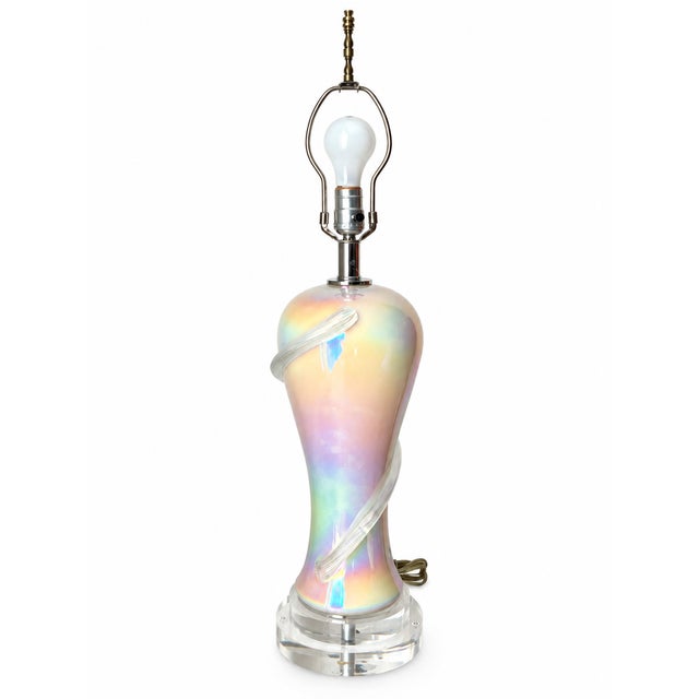 Iridescent Pearlescent Spiral Ribbon Table Lamp With Clear Tiered Base For Sale - Image 9 of 17