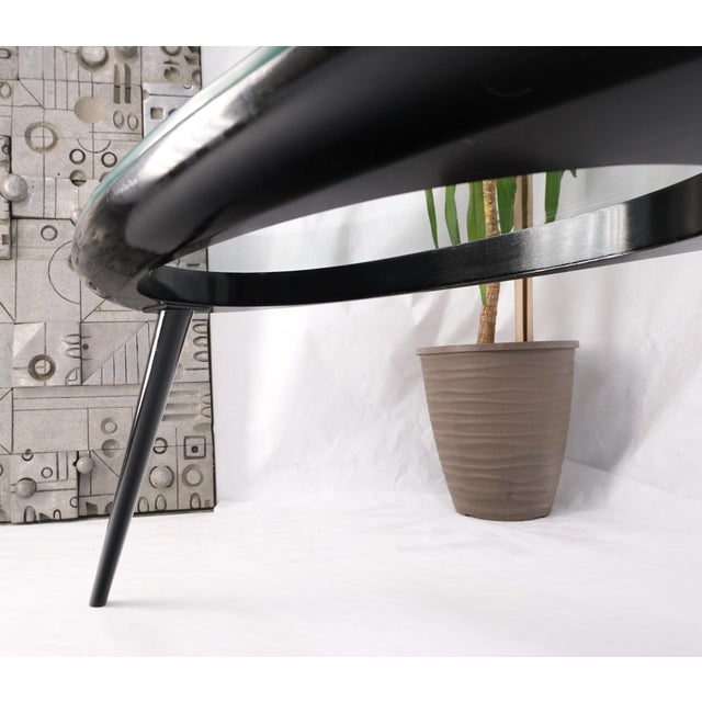 Mid-Century Modern Mid 20th Century Pair Glass Top Black Lacquer Oval Pierced Shape Solid Tops End Side Tables Stand For Sale - Image 3 of 12