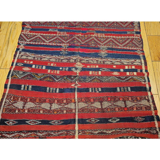 Vintage Moroccan Kilim Tribal Rug, Handwoven Wool, Red & Blue Stripes, 5' X 8' For Sale - Image 11 of 18