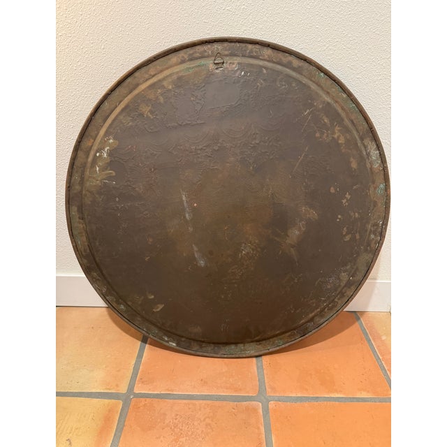 Early 20th Century Antique Middle Eastern Engraved Copper Tray With Figural Court Scene & Calligraphy – Large Round Wall Art For Sale - Image 5 of 7