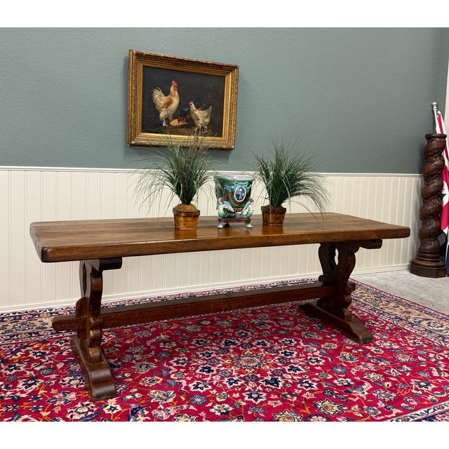 French Country Antique French Country Farm Dining Table Farmhouse Trestle Base Oak 87"w For Sale - Image 3 of 17
