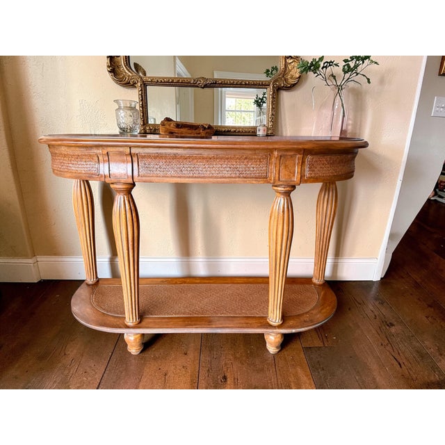 Vintage Oak Demi Lune Console Table-Rattan Shelf-Entryway-Coastal Boho-Sofa-Hall For Sale - Image 9 of 10