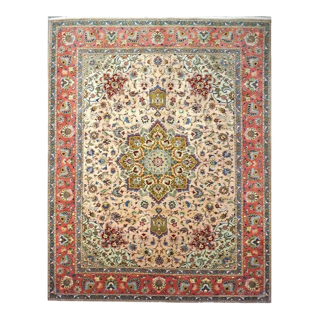 Antique Persian Tabriz Wool 10x12 Red, Green, & Ivory Handmade Area Rug #1143880 For Sale