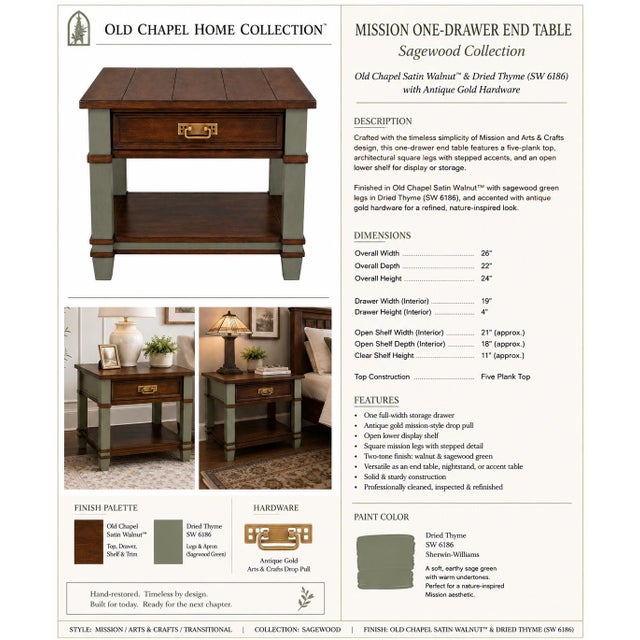 OLD CHAPEL HOME COLLECTION™ MISSION ONE-DRAWER END TABLE SAGEWOOD COLLECTION™ Old Chapel Satin Walnut™ & Sagewood Green...