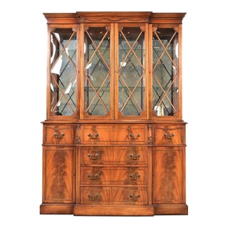 Baker Furniture Style Regency Flame Mahogany Lighted Breakfront Bookcase Cabinet With Drop Front Secretary Desk, Circa 1940s For Sale