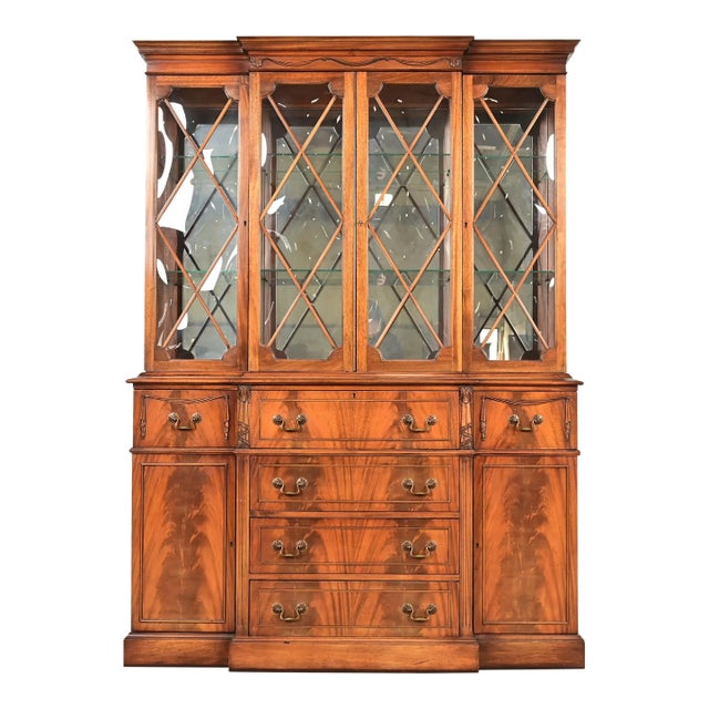 Baker Furniture Style Regency Flame Mahogany Lighted Breakfront Bookcase Cabinet With Drop Front Secretary Desk, Circa 1940s For Sale