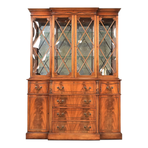 Baker Furniture Style Regency Flame Mahogany Lighted Breakfront Bookcase Cabinet With Drop Front Secretary Desk, Circa 1940s