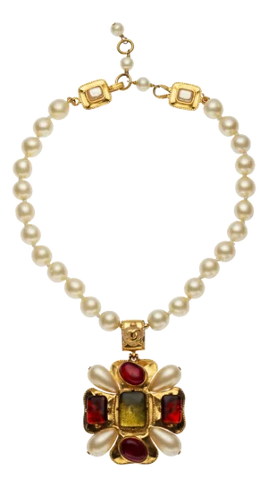 1997 Chanel Pearl Necklace Cross Pendant Gripoix Goossens Fall Vintage Maltese