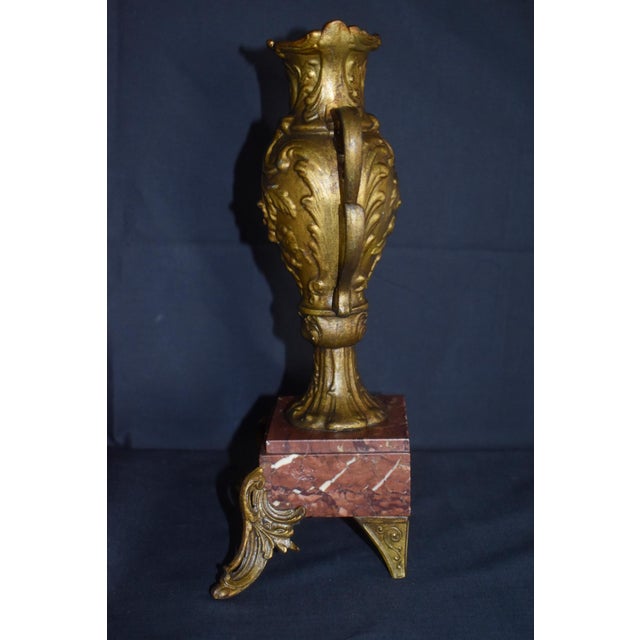 Antique French Rococo Metal Urn Vase Marble Base Mantle Garniture 19th C For Sale - Image 13 of 17