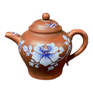 Late 20th Century Chinese Art Yixing Clay Teapot With Enamel Flower Design