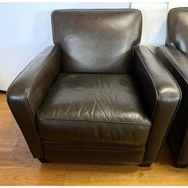 Pottery Barn Pair of Dark Brown Leather Club Cigar Chairs For Sale - Image 4 of 8