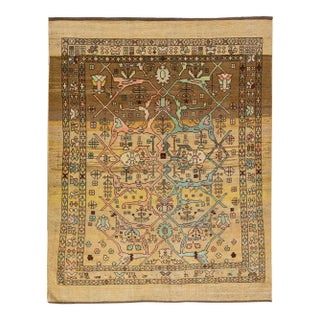 Mid-Century Modern Style Handmade Allover Floral Yellow Wool Rug For Sale