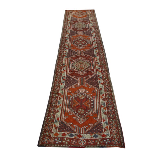1960s 1960s Red & Orange Geometric Design Handwoven Wool Vintage Turkish Oushak Runner 2'11" X 12'7" For Sale - Image 5 of 6