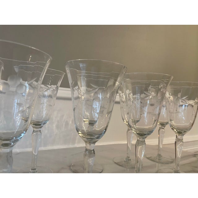 1950s 1950s Set of 10 Vintage Etched and Fluted Floral Wine Glasses For Sale - Image 5 of 10