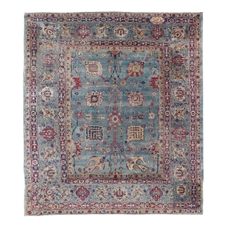 Antique Persian Tabriz Rug With Blue Field, Pictorial Medallions Accents of Red For Sale