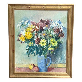Jan Sonne, Still Life with Flowers in Vase, 1980, Oil on Canvas, Framed For Sale