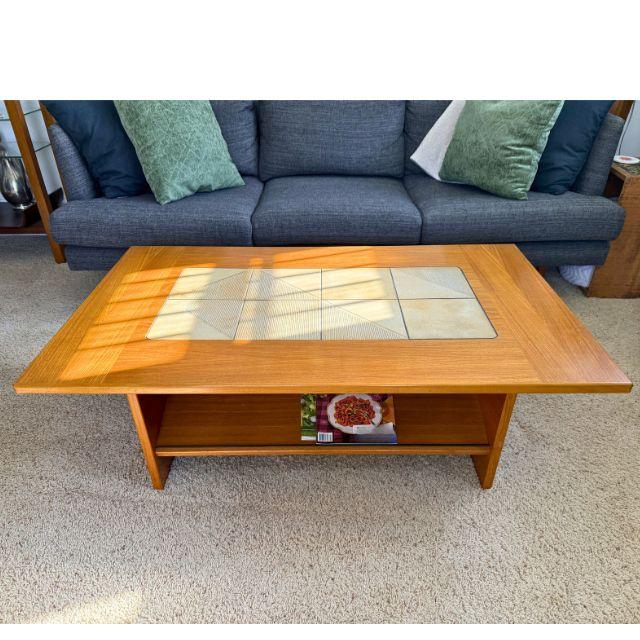 Authentic Gangsø Møbler Danish Modern solid teak coffee table featuring stunning stone tile inlay tops and an angled...