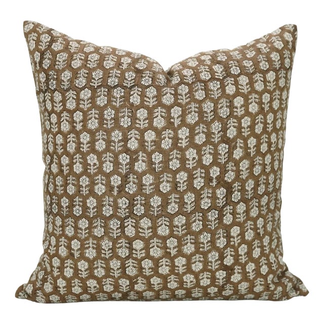 Tulsi Buti Block Printed Thick Linen Throw Pillow Cover 18x18 Inch For Sale