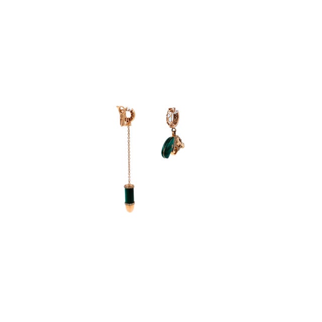 Diamond Green Malachite Pave Bullet 18 Karat Rose Gold Circle Drop Chain Earrings , A Pair For Sale - Image 12 of 13