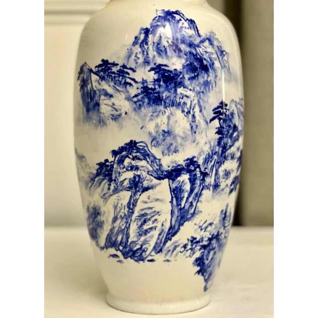 Ceramic 1960s Large Chinese Zhongfeng Mark Blue and White Porcelain Baluster Form Vase For Sale - Image 7 of 11
