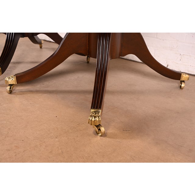 Baker Furniture Style Georgian Banded Mahogany Double Pedestal Extension Dining Table, Newly Refinished For Sale - Image 14 of 15