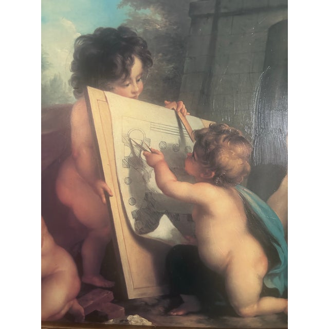 Beautiful Vintage Oil Painting on Canvas of Cherubs in Ornate Gold Wood Frame For Sale - Image 4 of 8