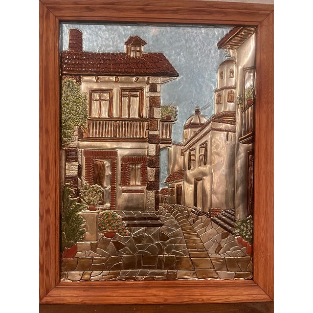 Vintage Mediterranean Village Embossed Metal Relief Wall Art Wood Framed European Scene, Mid Century For Sale - Image 4 of 8