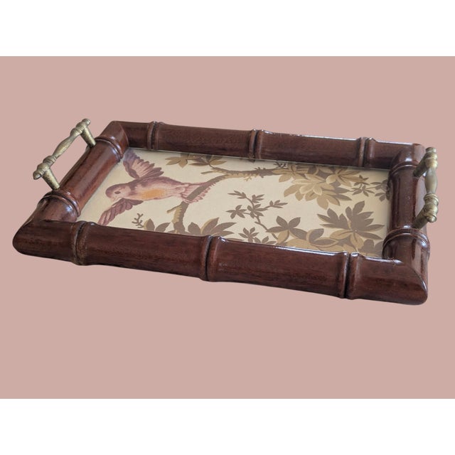 Mid 20th Century Vintage Faux Bamboo Glass Tray With Schumacher Fabric Insert For Sale - Image 5 of 14