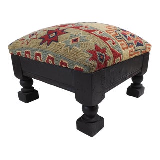 Vintage Wood and Wool Carpet Footstool For Sale
