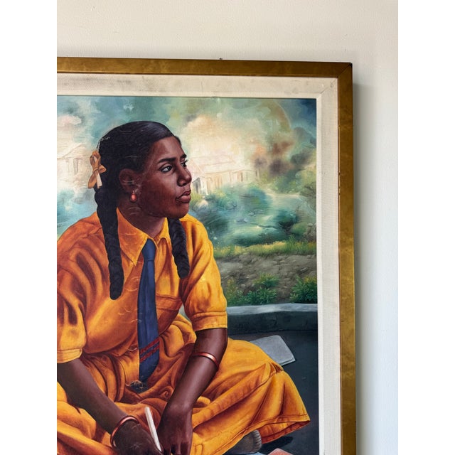 Abstract Vintage Haitian Figurative Young Girl Writing Oil Painting by Horestal For Sale - Image 3 of 12