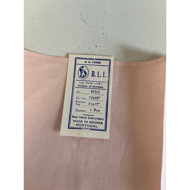 Set of three Portuguese linen, vintage guest towels Hand embroidered in the Azores. Pink, yellow and blue