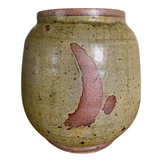 Mid-Century Signed Brutalist Stoneware Pottery Vase With Abstract Glaze For Sale