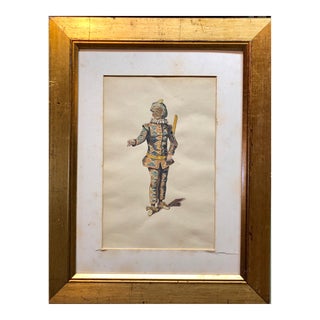 Unknown, Costume Stage Drawing Medieval Jester or Harlequin Figure Watercolor Painting For Sale