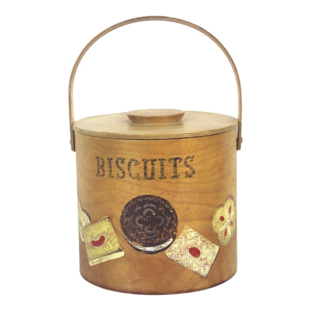 Vintage Painted Wood Biscuit Pail Barrel Bin For Sale