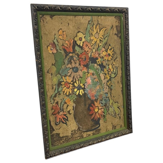 Vintage signed floral still life depicting a vibrant bouquet arranged in a brown vase.Executed in mixed media on a heavily...