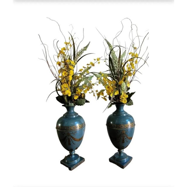 Teal Pair of Interior Concepts Hand-Painted Metal Vases For Sale - Image 8 of 10