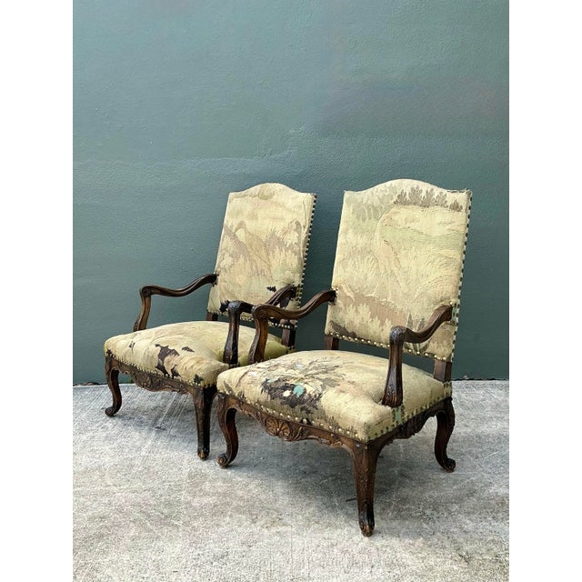 Vintage 18th Century French Baroque Tapestry Arm Chairs - A Pair For Sale - Image 4 of 12