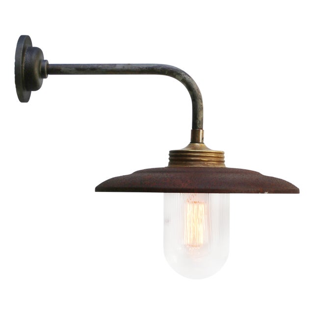 Vintage Industrial Rust Iron and Brass Sconce with Clear Striped Glass For Sale