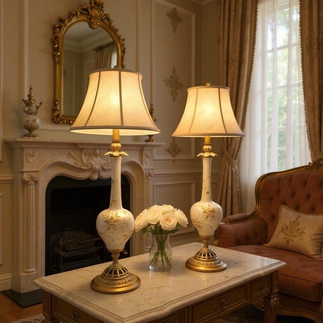 A striking pair of vintage opalescent art glass table lamps, beautifully crafted with frosted, glowing bodies and richly...