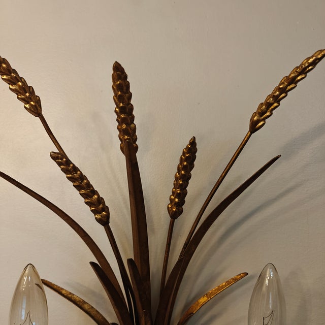 Gold Vintage Italian Gilt Gold Metal Sheaf of Wheat Electric Candle Wall Sconce For Sale - Image 8 of 10