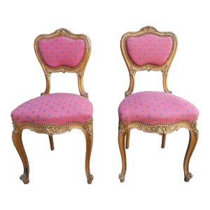 Pair of Louis XV Handcrafted Partial Gilt Fruitwood Brass Nail Studded and Upholstered Side Chairs