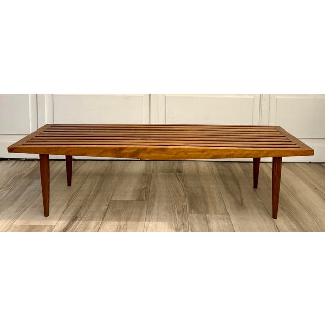 Vintage Scandinavian Modern Slatted Wood Bench Made in Yugoslavia For Sale - Image 12 of 13