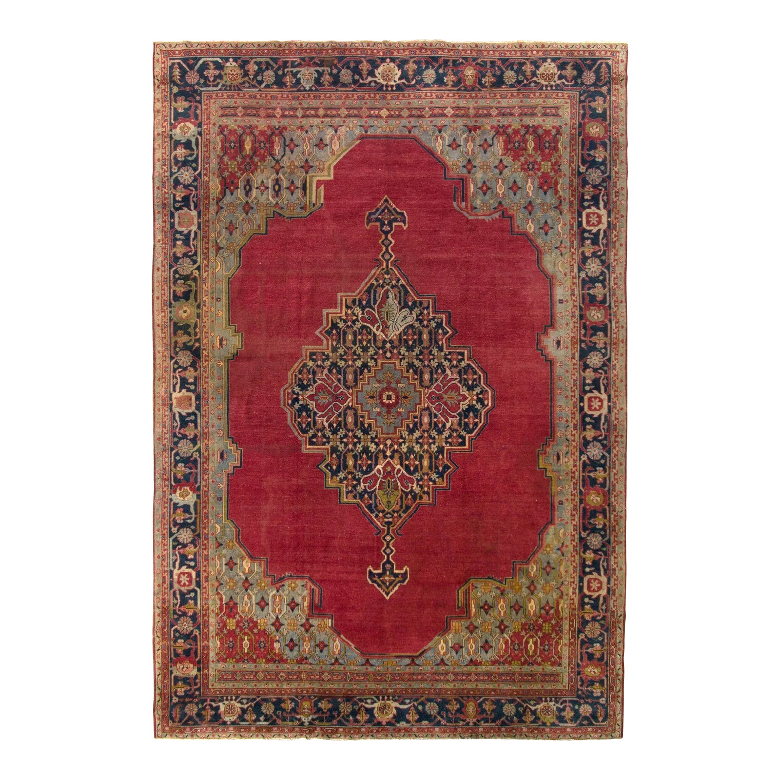 Antique Turkish Rug Red Blue Medallion Style Sparta Design | Chairish
