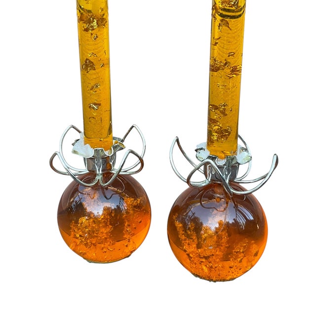 Mid-Century Modern Mid Century Orange Lucite Candles With Gold Flakes and Holders - A Pair For Sale - Image 3 of 10