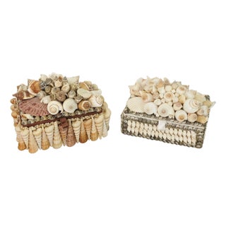 1960s Two Vintage Sea Shell Encrusted Treasure Boxes Tony Duquette Style For Sale