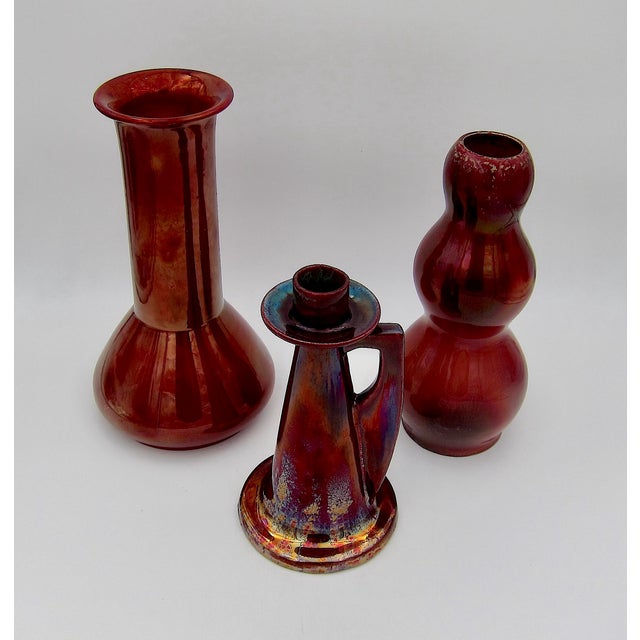 Victorian Antique Red Lustre Glazed Art Pottery Collection of Vases and Candle Holder For Sale - Image 3 of 12