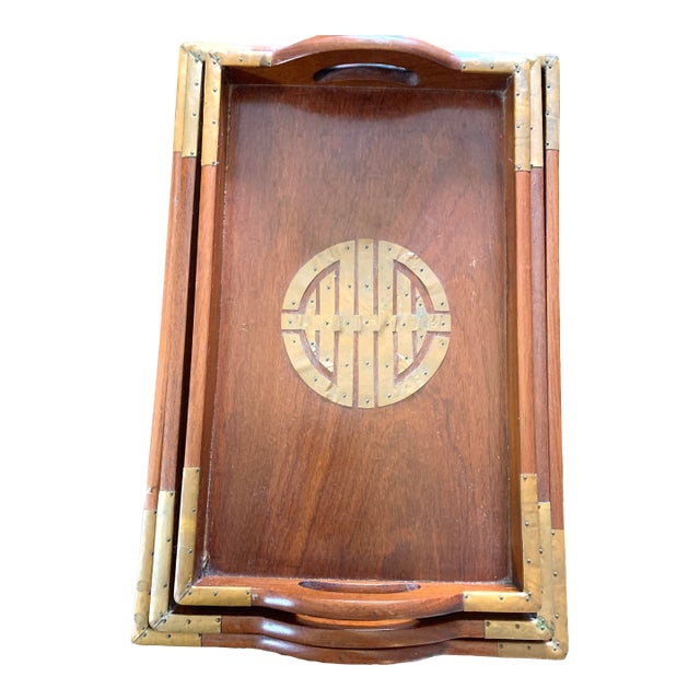 Vintage Asian Rosewood Serving Tray With Brass 3 Pieces Mid Century For Sale